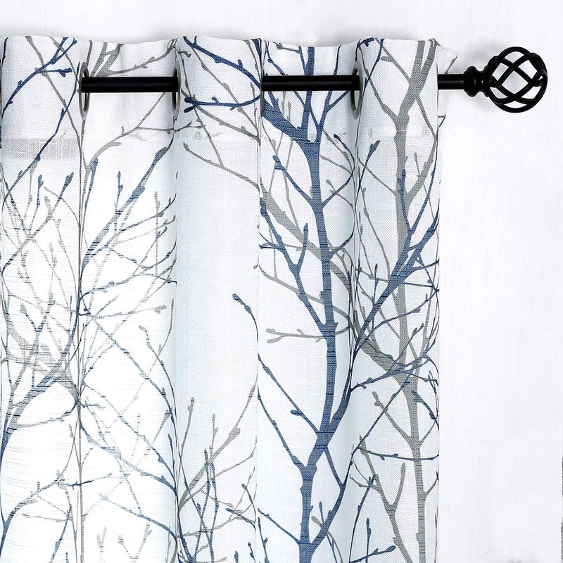 FMFUNCTEX Blue White Curtains 50" X 45" for Kitchen Living Room Tree Branch Print Wrinkle- Free Small Linen Texture Semi Sheer Window Panels for Bedroom 2 Panels, Grommet Top - Image 1